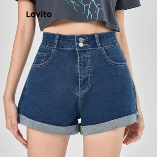 Quần short denim Lovito nút đôi phối túi xắn gấu màu trơn thường ngày cho nữ L68ED113 (Màu xanh dương)