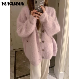 YUYAMAN Áo Len áo khoác lông cardigan thời trang Cổ điển Casual hàn quốc WMY23C0M6M 52Z231226