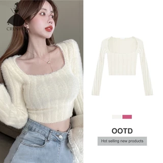 Crlnhc Áo sweater Dệt Kim Tay Dài Cổ Vuông Phối Lông Mềm Dáng Ôm Thời Trang Thu Đông Cho Nữ vn Áo Croptop (40-65Kg)