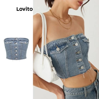 Áo denim Lovito màu trơn phối nút phong cách thường ngày cho nữ L58AD147 (Xanh dương nhạt/Xanh dương đậm)