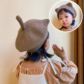 Cartton Mũ beret Dệt Kim Màu Trơn Giữ Ấm Mùa Thu Đông Cho Bé Gái