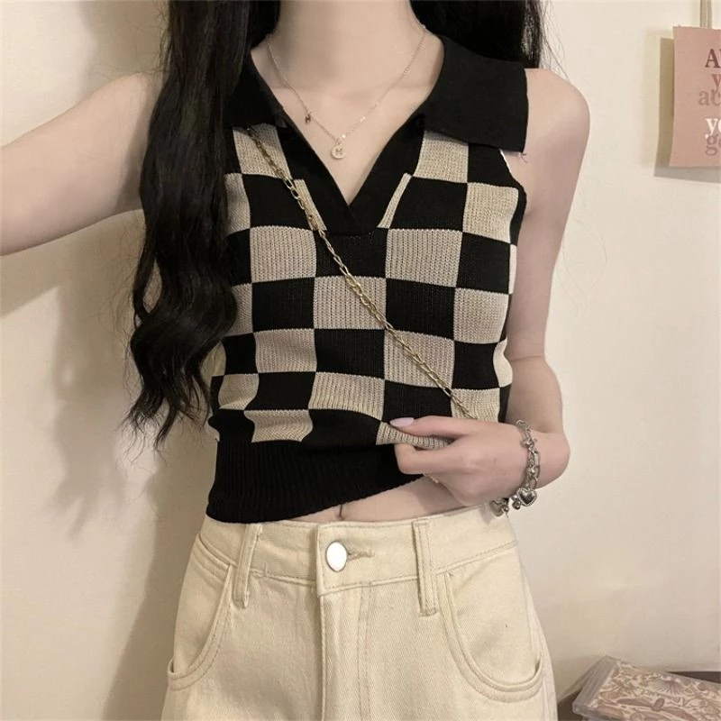 Retro Checkerboard Cổ Chữ V Dệt Kim Camisole Nữ Mặc Bên Trong Mùa Xuân Mùa Hè Phong Cách Mới Bên Ngoài Mặc Đế Không Tay Top