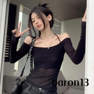 Xo8k-Áo Croptop Thun Tay Dài Dáng Ôm Hở Vai Chống Nắng Màu Đen Thời Trang Quyến Rũ Cho Nữ