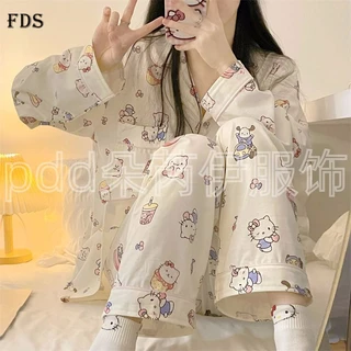 Fds Bộ Đồ Ngủ Tay Dài Họa Tiết hello kitty Dễ Thương Thời Trang Xuân Thu Cho Nữ