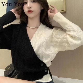 Áo sweater Cổ Chữ v Màu Sắc Tương Phản Phong Cách Hàn Quốc Cho Nữ