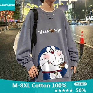 M-8XL[ có size 30 kg_120 kg ]áo khoác nam Áo Sweater Tay Dài Dáng Rộng cotton In Hình Mèo Máy Doremon Phong Cách retro Mỹ Thời Trang Unisex