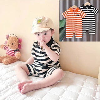 Bộ Áo Liền Quần Bằng cotton Tay Ngắn Họa Tiết Kẻ Sọc Thời Trang Mùa Hè Hàn Quốc Cho Bé Sơ Sinh 0-2 Tuổi