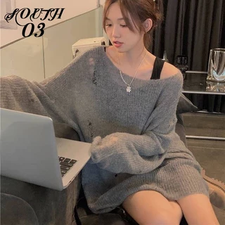 Áo sweater Dệt Kim Tay Dài Chống Nắng Dáng Rộng Thiết Kế Rách Thời Trang Mùa Thu Cho Nữ