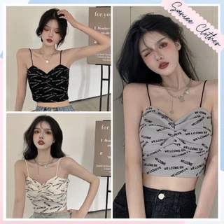 Áo 2 dây nữ in chữ dáng croptop rúm ngực xinh xắn áo bra 2s in chữ freesize dưới 58kg mặc hè thoáng mát SanieeClothes