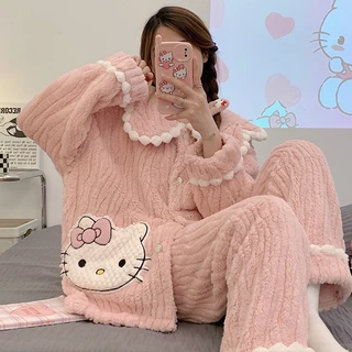 Fds Bộ Đồ Ngủ Tay Dài Chất Nỉ Dày Dặn In Họa Tiết hello kitty Dễ Thương Thời Trang Thu Đông Cho Nữ