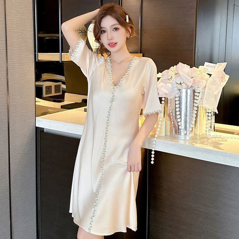 [Sẵn Sàng] Bộ Đồ Ngủ Nữ Ice Silk Váy Ngủ Gợi Cảm Thoáng Mát Mùa Hè Tay Ngắn Mỏng Giữa Chiều Dài Size Lớn Mềm Mại Phiên Bản Hàn Quốc Homewear Thoải Mái