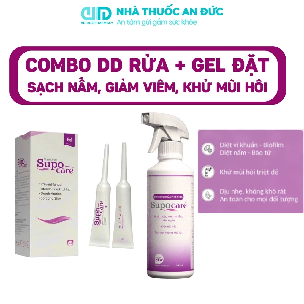 Combo Dung Dịch Rửa Phụ Khoa và Gel Đặt Âm Đạo Khử Mùi Hôi, Giảm Ngứa, Ngừa Vi Khuẩn, Làm Sạch Nấm, Cân Bằng pH Supocare