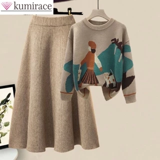 Bộ Áo sweater Dệt Kim Chui Đầu Dáng Ôm In Hoạt Hình Phối Chân Váy Dệt Kim Thời Trang Mùa Đông 2023 Cho Bạn Gái