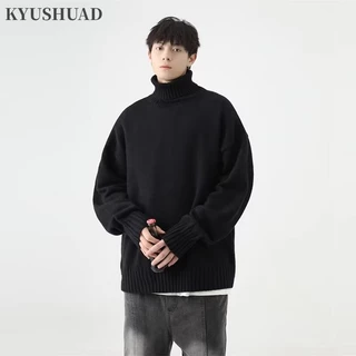 Kyushuad Áo sweater Dệt Kim Cổ Lọ Dáng Rộng Dày Dặn Màu Trơn Ấm Áp Chất Lượng Cao Cho Nam