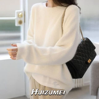 Huizumei Áo sweater Màu Trơn Thiết Kế Đơn Giản Thời Trang Cho Nữ