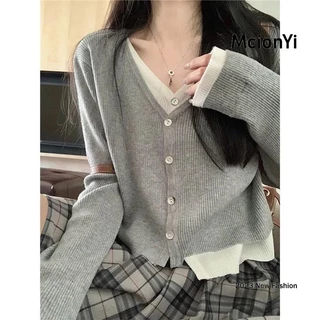 Áo Cardigan Dệt Kim Dáng Ngắn Giả Hai Lớp Phong Cách Hàn Quốc 2024 Cho Nữ