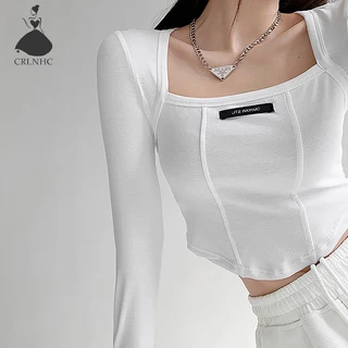 Áo croptop CRLNHC tay dài cổ vuông dáng ôm thời trang mùa thu cho nữ