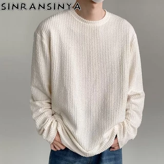 Sinransinya Áo sweater Tay Dài Kẻ Sọc Màu Trơn Phong Cách Đường Phố Mỹ Thời Trang Cao Cấp Cho Nam