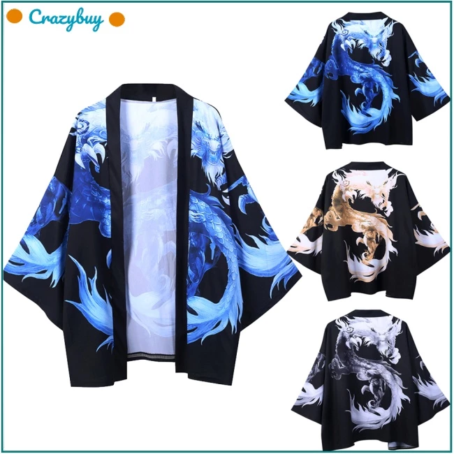 Cr Áo Khoác kimono Tay 3 / 4 Chống Nắng Dáng Rộng In Hình Rồng Phong Cách Trung Hoa Cho Nam Và Nữ