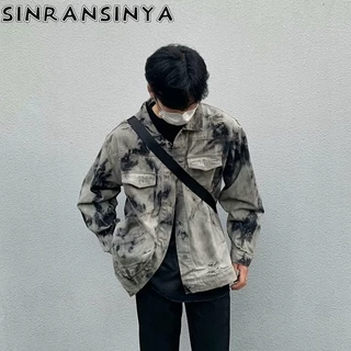 Sinransinya Áo Khoác denim Dài Tay Màu Tương Phản Phong Cách retro Đường Phố Mỹ Cho Nam