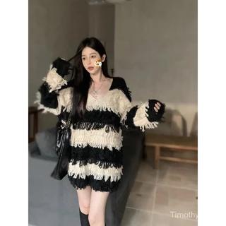 Mới Áo sweater Dệt Kim Tay Dài Dáng Rộng Họa Tiết Kẻ Sọc Phối Tua Rua Kiểu retro Thời Trang Thu Đông 2023