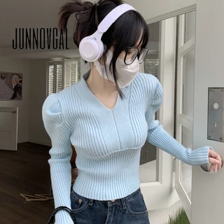 Junnovgal Áo Sweater Nữ Cổ Chữ v Tay Dài Màu Trơn Dáng Ôm Thời Trang 2024