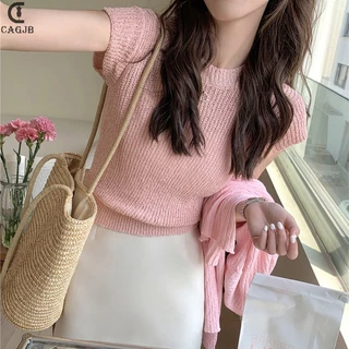 [CAGJB] Áo Thun Crop Top Dệt Kim Cổ Tròn Màu Sắc Đơn Giản Thời Trang Mùa Hè Cho Nữ