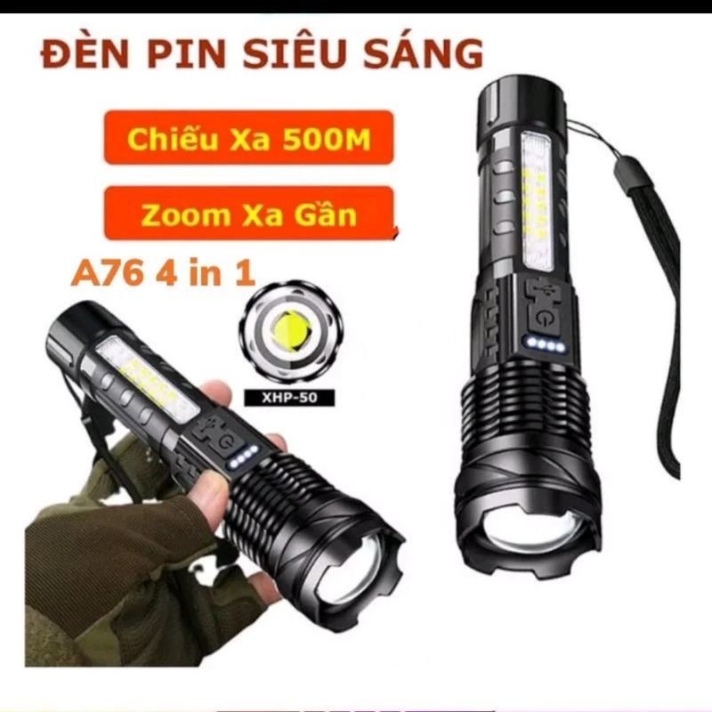 Đèn pin siêu sáng A76 chiếu xa 500m có Zoom xa gần, chống nước IPX4, pin trâu chip COB Led tâm tròn 7 chế độ