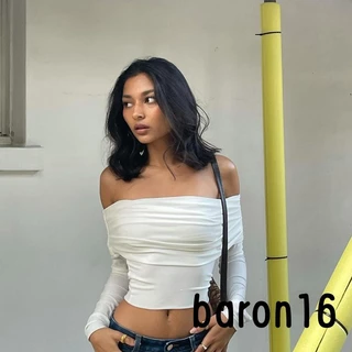 Áo Crop Top Tay Dài Cổ Thuyền Màu Trắng Trơn Thời Trang Dành Cho Nữ