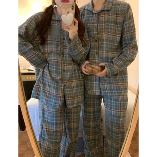 BN176_ Bộ ngủ đôi, bộ pijama cặp đôi nam nữ dài tay kẻ caro to xanh phong cách Hàn Quốc | Hàng Quảng Châu cao cấp