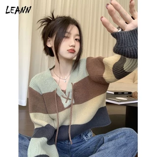 Áo sweater Dệt Kim Kẻ Sọc Màu Sắc Tương Phản Phong Cách retro Dành Cho Nữ