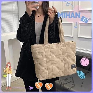 Túi Xách tote Bằng Vải cotton nylon Màu Trơn Sức Chứa Lớn Có Đệm Bông Lông Xù Có Tay Cầm Đơn Giản Đi Du Lịch mihan1