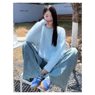 Áo sweater Dệt Kim Tay Dài Dáng Rộng Màu Xanh Dương Sáp Mềm Mại Phong Cách Nhật Bản Ngọt Ngào Thời Trang Mùa Thu Cho Nữ