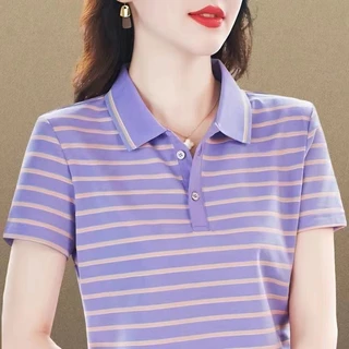 Short-Sleeved T-shirt Striped Polo Collar Top New Western Style Slimming Women's Loose T-shirt Short-Sleeved Polo Shirt