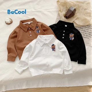 Áo Polo Cổ Bẻ In Hình Chú Gấu Cho Bé Chất Cotton Khô Cao Cấp BeCool, Áo Dài Tay Thu Đông Cho Bé Từ 10-27kg