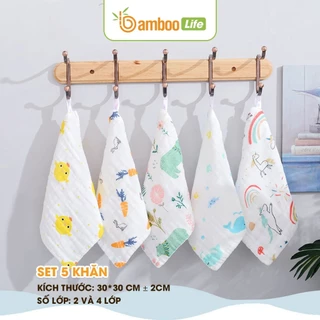 Set 5 khăn sữa cho bé Bamboo Life chính hãng chất liệu sợi tre 30x30 cm mềm mịn thấm hút kháng khuẩn an toàn cho bé