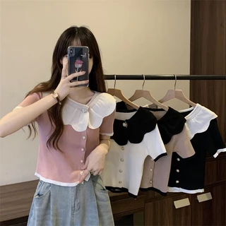 Áo Sweater Dệt Kim Cổ Búp Bê Tay Ngắn Dáng Ôm Phối Ren Màu Sắc Ngọt Ngào Thời Trang Cho Nữ