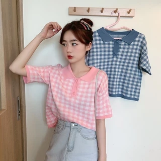 Áo sweater Dệt Kim Tay Ngắn Kẻ Sọc Phía Trước Hàn Quốc a212 Santano Cho Nữ