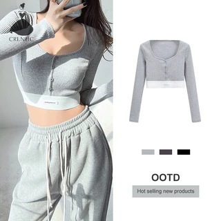 Crlnhc Áo Croptop Tay Dài Cổ Vuông Đính Hàng Nút Thời Trang Mùa Thu Cho Nữ