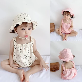 Bộ Áo Liền Quần + Mũ cotton Không Tay In Hoa Dễ Thương Thời Trang Mùa Hè Cho Bé Trai / Gái 0-2 Tuổi