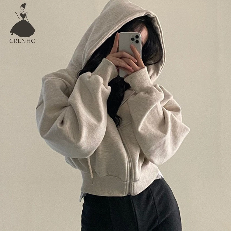 Crlnhc Áo Khoác Hoodie Crop Top Màu Trơn Phối Khóa Kéo Thời Trang Thu Đông Hàn Quốc Cho Nữ vn