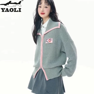 Áo khoác cardigan YAOLI dệt kim dáng rộng cổ bẻ phối khóa kéo kiểu lười cho nữ