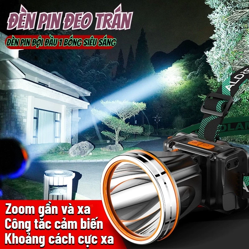 Đèn pin siêu sáng đội đầu 1 bóng chiếu xa 300m, có Zoom xa gần, 3 chế độ, đèn pin đeo trán chống thấm nước T20