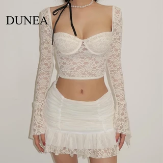 DUNEA set Chân Váy Ren Và Áo Tay Dài Cổ Vuông Thời Trang Quyến Rũ Cho Nữ