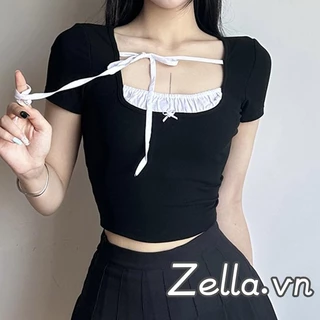 Áo Thun Croptop Cổ Vuông Tay Ngắn Cột Dây Thời Trang Mùa Hè Cá Tính Cho Nữ