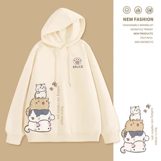 Áo hoodie Tay Dài Dáng Rộng In Họa Tiết Hoạt Hình Mèo Dễ Thương Phong Cách Nhật Bản Cho Nữ