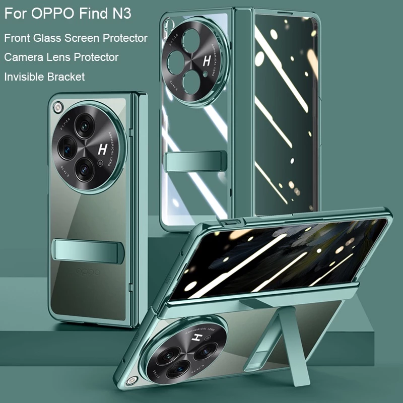 Chống nhìn trộm HD Màn hình kính phía trước Mạ bảo vệ Cear Vỏ lật bản lề cứng OPPO Find N3 FindN3 Fold 5G Giá đỡ vô hình Vỏ điện thoại bảo vệ toàn diện