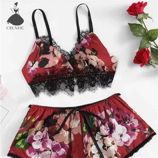 Crlnhc set Đồ Ngủ Áo Hai Dây Phối Ren + Quần Short Lưng Thun In Họa Tiết Gợi Cảm Cho Nữ vn