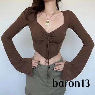 Áo Thun Croptop Tay Dài Cổ Chữ V Màu Sắc Đơn Giản Phối Dây Rút Thời Trang Cho Nữ