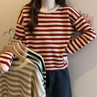 Áo sweater Tay Dài Cổ Tròn Kẻ Sọc Màu Tương Phản Thời Trang Mùa Thu